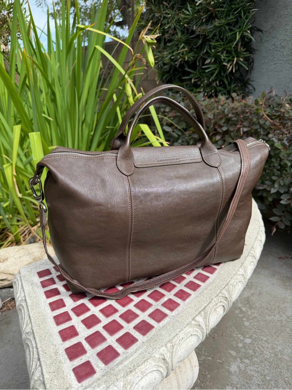 Longchamp Le Pliage Cuir Large Leather Top Handle Tote Dark Brown Shoulder Strap - Picture 3 of 13